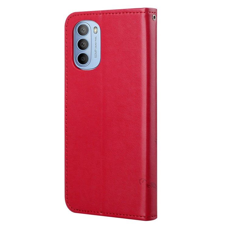 Scratch-resistant Imprinted Butterflies Flower PU Leather Wallet Function Phone Case Stand Shell for Motorola Moto G31 / G41 - Red
