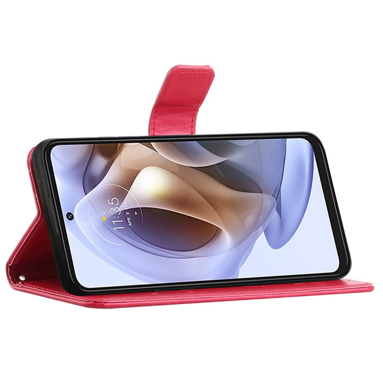 Scratch-resistant Imprinted Butterflies Flower PU Leather Wallet Function Phone Case Stand Shell for Motorola Moto G31 / G41 - Red