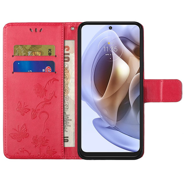 Scratch-resistant Imprinted Butterflies Flower PU Leather Wallet Function Phone Case Stand Shell for Motorola Moto G31 / G41 - Red