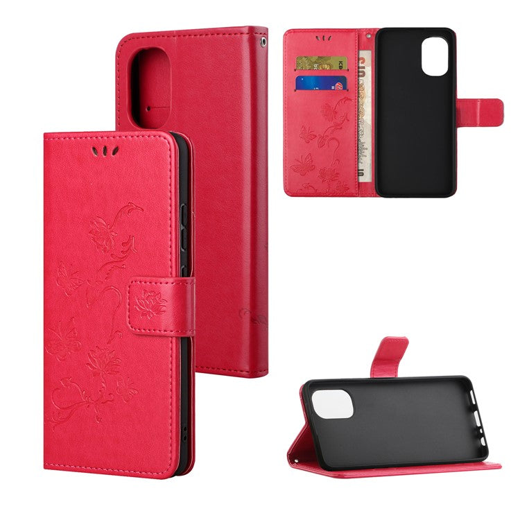 Scratch-resistant Imprinted Butterflies Flower PU Leather Wallet Function Phone Case Stand Shell for Motorola Moto G31 / G41 - Red