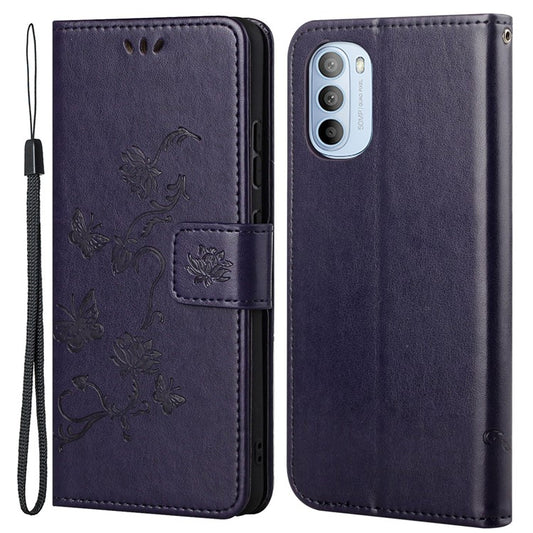 Scratch-resistant Imprinted Butterflies Flower PU Leather Wallet Function Phone Case Stand Shell for Motorola Moto G31 / G41 - Dark Purple