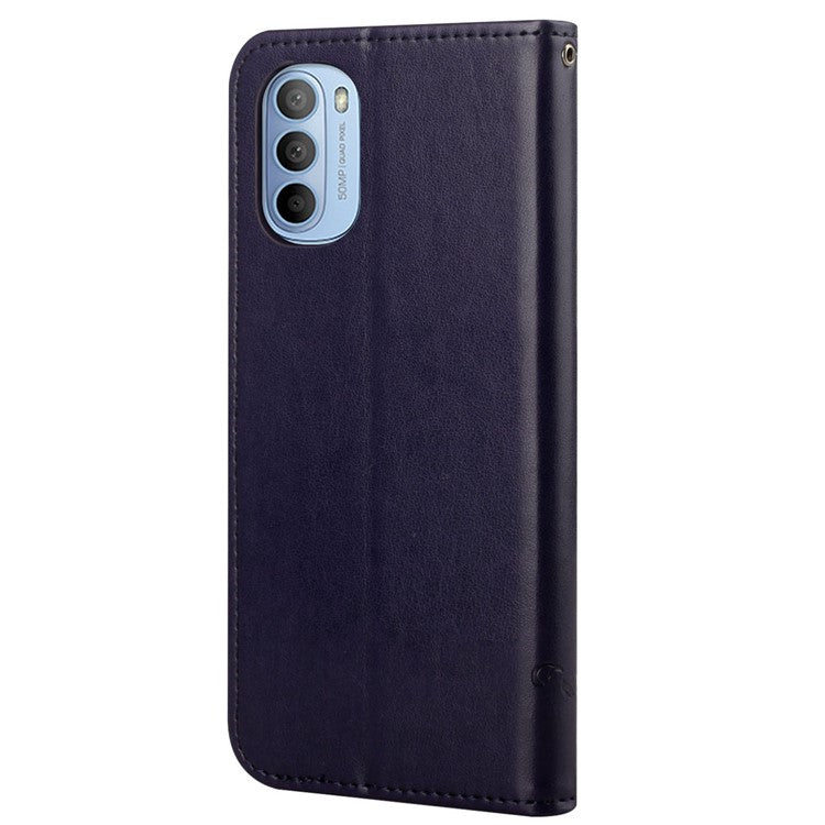 Scratch-resistant Imprinted Butterflies Flower PU Leather Wallet Function Phone Case Stand Shell for Motorola Moto G31 / G41 - Dark Purple