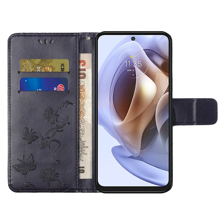 Scratch-resistant Imprinted Butterflies Flower PU Leather Wallet Function Phone Case Stand Shell for Motorola Moto G31 / G41 - Dark Purple