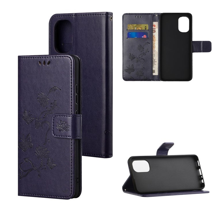 Scratch-resistant Imprinted Butterflies Flower PU Leather Wallet Function Phone Case Stand Shell for Motorola Moto G31 / G41 - Dark Purple