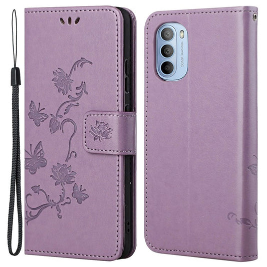 Scratch-resistant Imprinted Butterflies Flower PU Leather Wallet Function Phone Case Stand Shell for Motorola Moto G31 / G41 - Purple