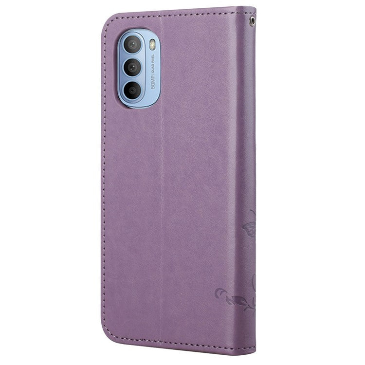 Scratch-resistant Imprinted Butterflies Flower PU Leather Wallet Function Phone Case Stand Shell for Motorola Moto G31 / G41 - Purple