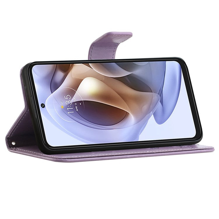 Scratch-resistant Imprinted Butterflies Flower PU Leather Wallet Function Phone Case Stand Shell for Motorola Moto G31 / G41 - Purple