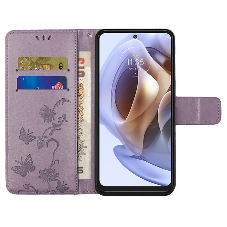 Scratch-resistant Imprinted Butterflies Flower PU Leather Wallet Function Phone Case Stand Shell for Motorola Moto G31 / G41 - Purple