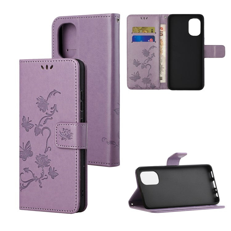 Scratch-resistant Imprinted Butterflies Flower PU Leather Wallet Function Phone Case Stand Shell for Motorola Moto G31 / G41 - Purple