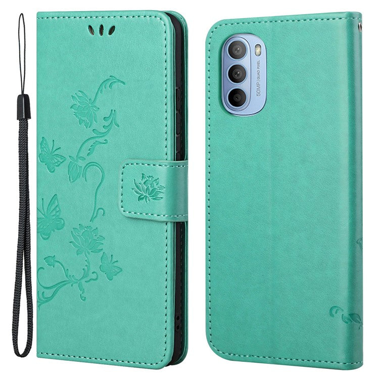 Scratch-resistant Imprinted Butterflies Flower PU Leather Wallet Function Phone Case Stand Shell for Motorola Moto G31 / G41 - Green