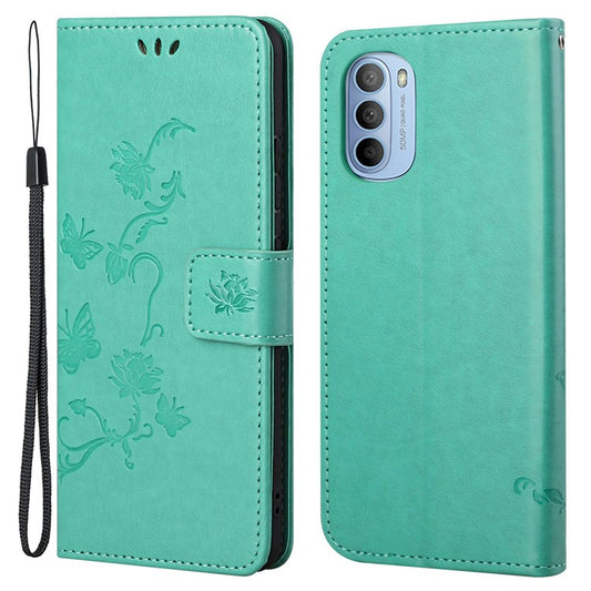 Scratch-resistant Imprinted Butterflies Flower PU Leather Wallet Function Phone Case Stand Shell for Motorola Moto G31 / G41 - Green