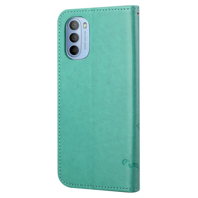 Scratch-resistant Imprinted Butterflies Flower PU Leather Wallet Function Phone Case Stand Shell for Motorola Moto G31 / G41 - Green