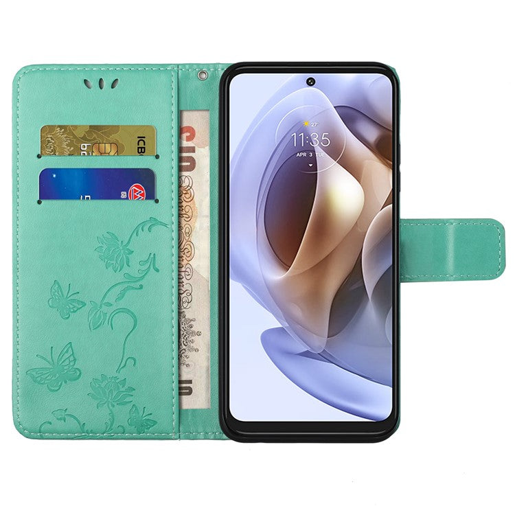 Scratch-resistant Imprinted Butterflies Flower PU Leather Wallet Function Phone Case Stand Shell for Motorola Moto G31 / G41 - Green