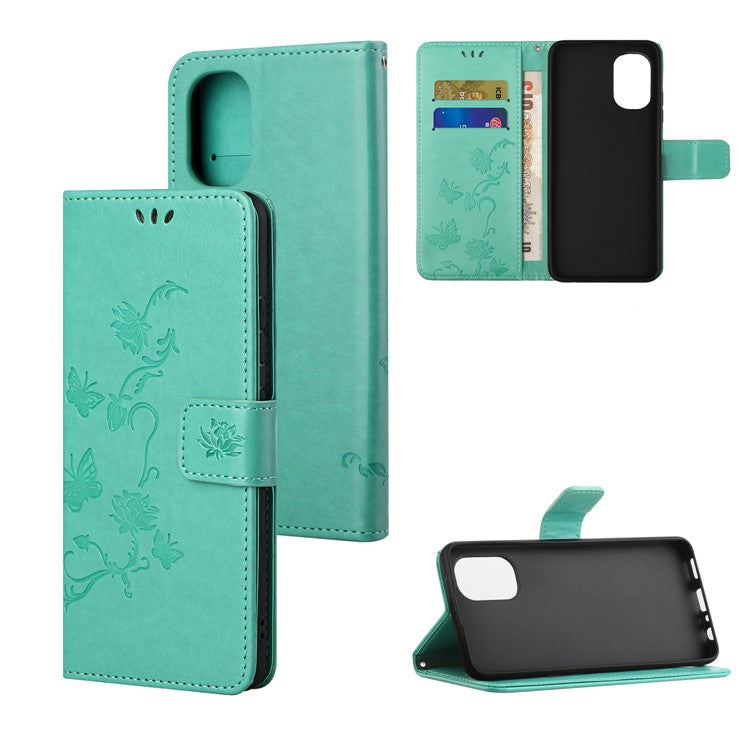 Scratch-resistant Imprinted Butterflies Flower PU Leather Wallet Function Phone Case Stand Shell for Motorola Moto G31 / G41 - Green