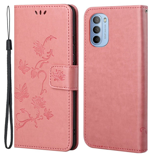 Scratch-resistant Imprinted Butterflies Flower PU Leather Wallet Function Phone Case Stand Shell for Motorola Moto G31 / G41 - Pink