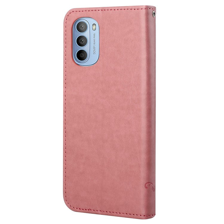 Scratch-resistant Imprinted Butterflies Flower PU Leather Wallet Function Phone Case Stand Shell for Motorola Moto G31 / G41 - Pink