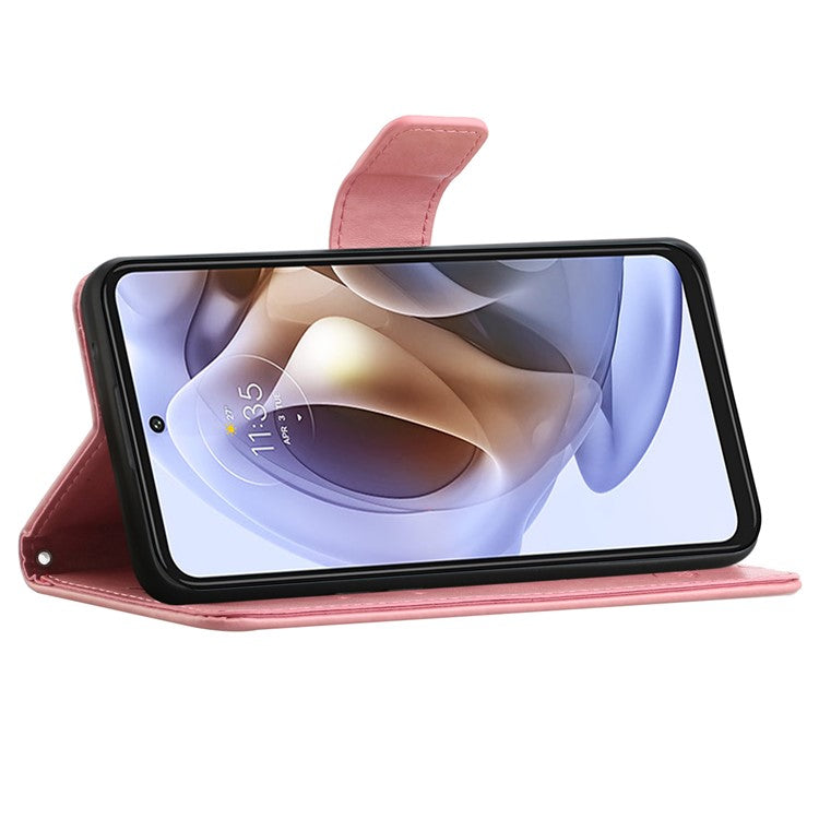 Scratch-resistant Imprinted Butterflies Flower PU Leather Wallet Function Phone Case Stand Shell for Motorola Moto G31 / G41 - Pink