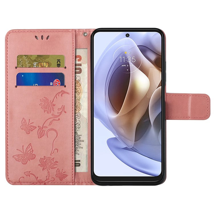 Scratch-resistant Imprinted Butterflies Flower PU Leather Wallet Function Phone Case Stand Shell for Motorola Moto G31 / G41 - Pink