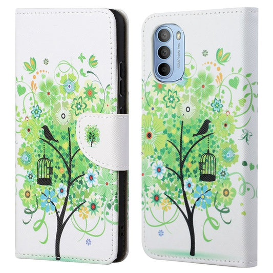 Cross Texture Folding Phone Case PU Leather Magnetic Closed Protective Cover with Wallet for Motorola Moto G31/G41 - Green Tree