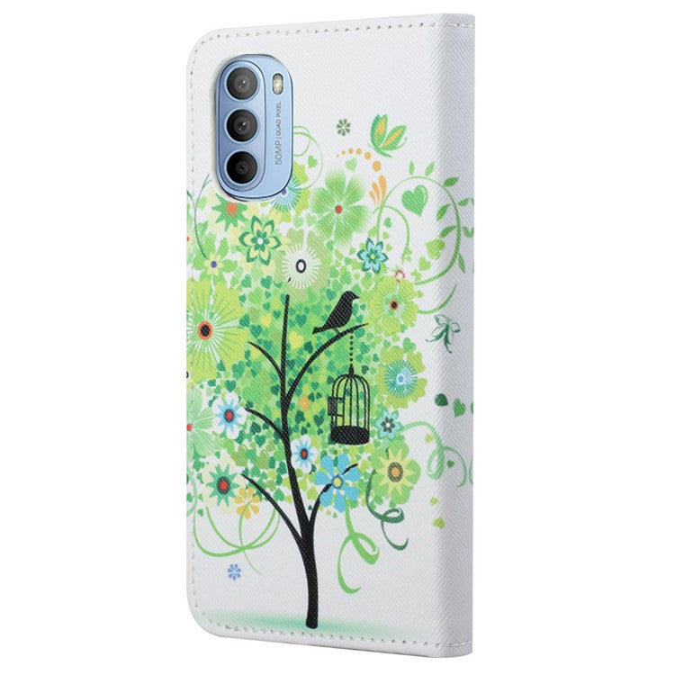 Cross Texture Folding Phone Case PU Leather Magnetic Closed Protective Cover with Wallet for Motorola Moto G31/G41 - Green Tree