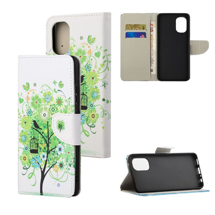Cross Texture Folding Phone Case PU Leather Magnetic Closed Protective Cover with Wallet for Motorola Moto G31/G41 - Green Tree