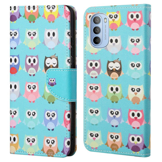 Cross Texture Folding Phone Case PU Leather Magnetic Closed Protective Cover with Wallet for Motorola Moto G31/G41 - Cute Owls