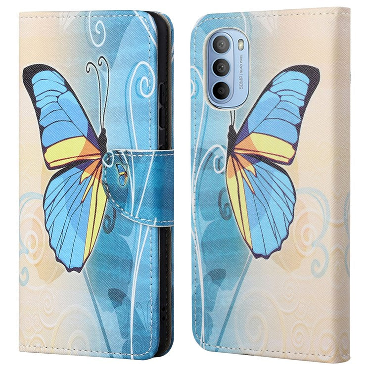 Cross Texture Folding Phone Case PU Leather Magnetic Closed Protective Cover with Wallet for Motorola Moto G31/G41 - Blue Butterfly