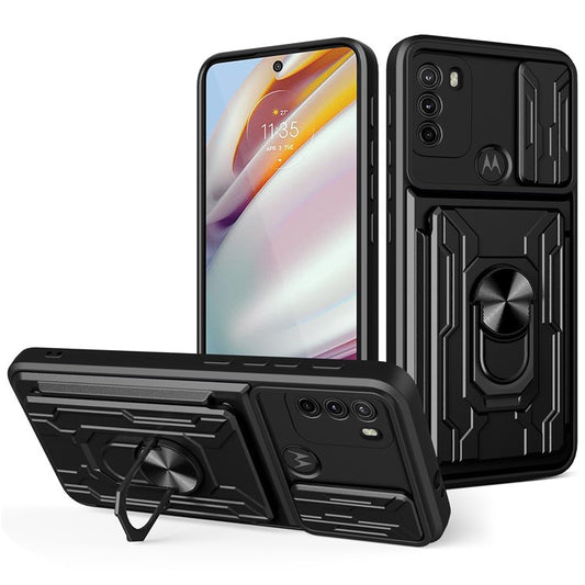 Anti-fall Anti-scratch Kickstand Design Camera Cover Slide Hard PC Soft TPU Case with Card Holder Slot for Motorola Moto G60 - Black