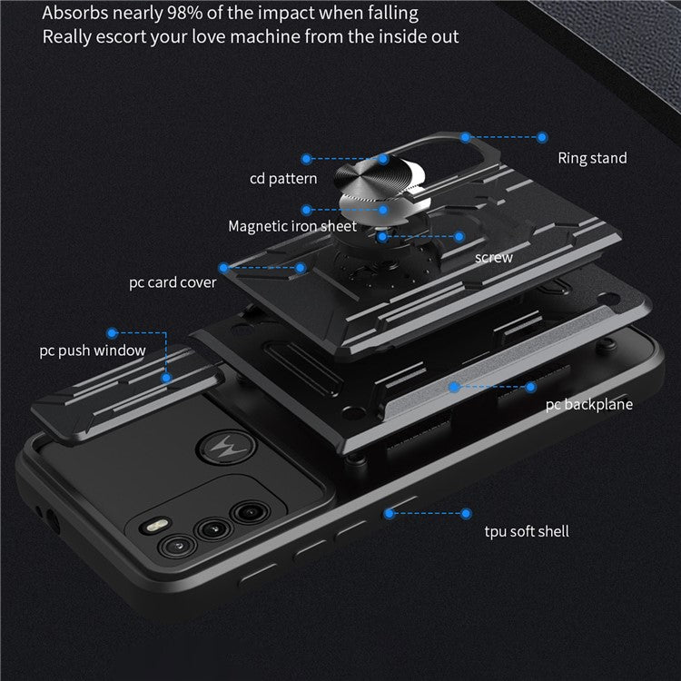 Anti-fall Anti-scratch Kickstand Design Camera Cover Slide Hard PC Soft TPU Case with Card Holder Slot for Motorola Moto G60 - Black