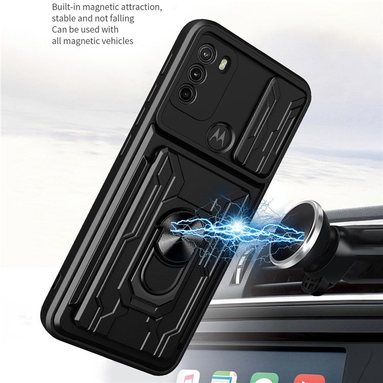 Anti-fall Anti-scratch Kickstand Design Camera Cover Slide Hard PC Soft TPU Case with Card Holder Slot for Motorola Moto G60 - Black