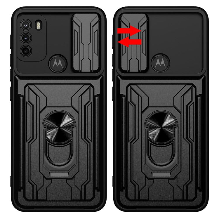Anti-fall Anti-scratch Kickstand Design Camera Cover Slide Hard PC Soft TPU Case with Card Holder Slot for Motorola Moto G60 - Black