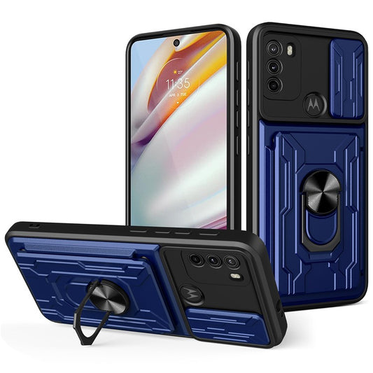 Anti-fall Anti-scratch Kickstand Design Camera Cover Slide Hard PC Soft TPU Case with Card Holder Slot for Motorola Moto G60 - Sapphire