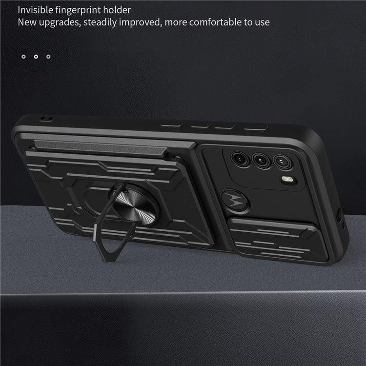 Anti-fall Anti-scratch Kickstand Design Camera Cover Slide Hard PC Soft TPU Case with Card Holder Slot for Motorola Moto G60 - Sapphire
