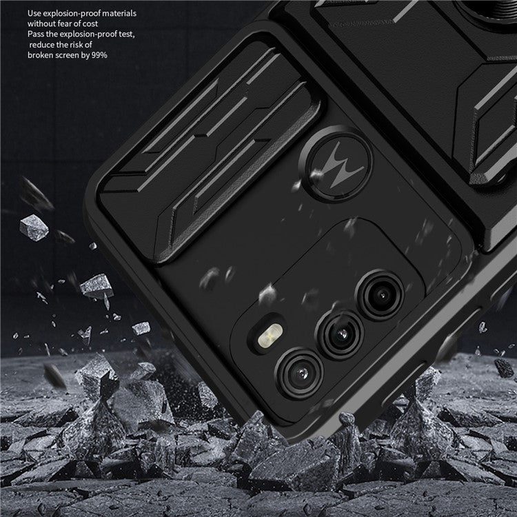 Anti-fall Anti-scratch Kickstand Design Camera Cover Slide Hard PC Soft TPU Case with Card Holder Slot for Motorola Moto G60 - Sapphire