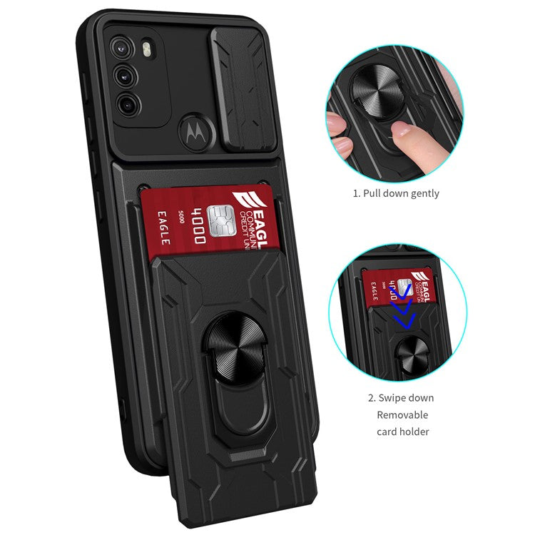 Anti-fall Anti-scratch Kickstand Design Camera Cover Slide Hard PC Soft TPU Case with Card Holder Slot for Motorola Moto G60 - Sapphire