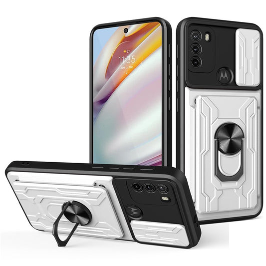 Anti-fall Anti-scratch Kickstand Design Camera Cover Slide Hard PC Soft TPU Case with Card Holder Slot for Motorola Moto G60 - White