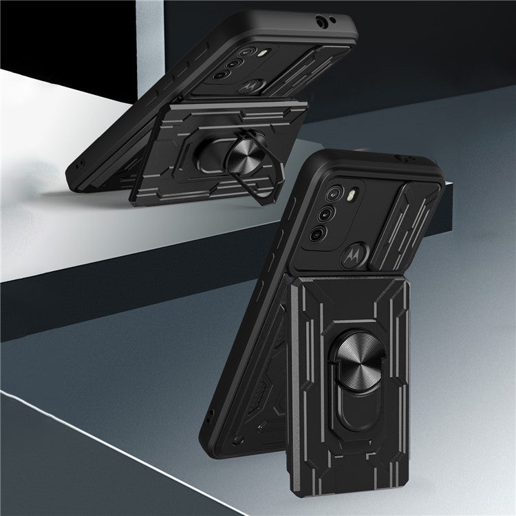 Anti-fall Anti-scratch Kickstand Design Camera Cover Slide Hard PC Soft TPU Case with Card Holder Slot for Motorola Moto G60 - White