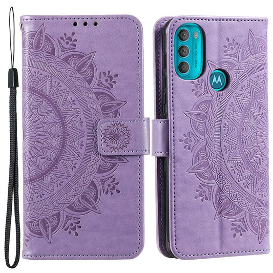 PU Leather + Soft TPU Case Imprinted Mandala Flower Stand Wallet Protective Cover for Motorola Moto G71 5G - Purple