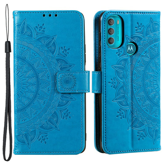 PU Leather + Soft TPU Case Imprinted Mandala Flower Stand Wallet Protective Cover for Motorola Moto G71 5G - Blue