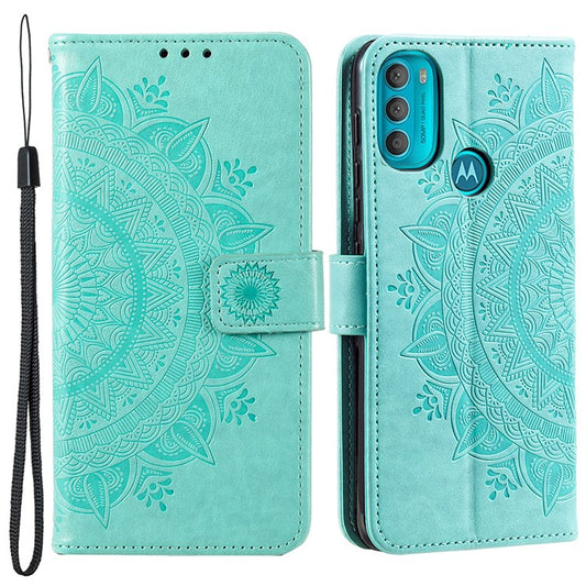 PU Leather + Soft TPU Case Imprinted Mandala Flower Stand Wallet Protective Cover for Motorola Moto G71 5G - Green