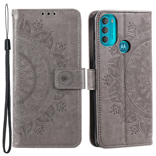 PU Leather + Soft TPU Case Imprinted Mandala Flower Stand Wallet Protective Cover for Motorola Moto G71 5G - Grey
