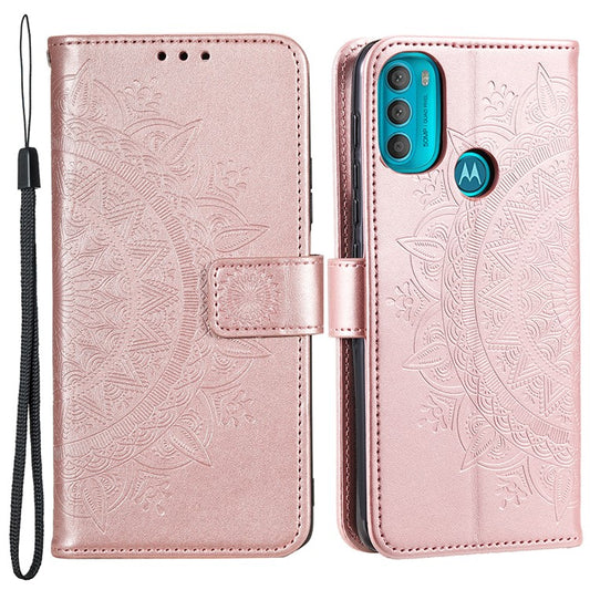PU Leather + Soft TPU Case Imprinted Mandala Flower Stand Wallet Protective Cover for Motorola Moto G71 5G - Rose Gold