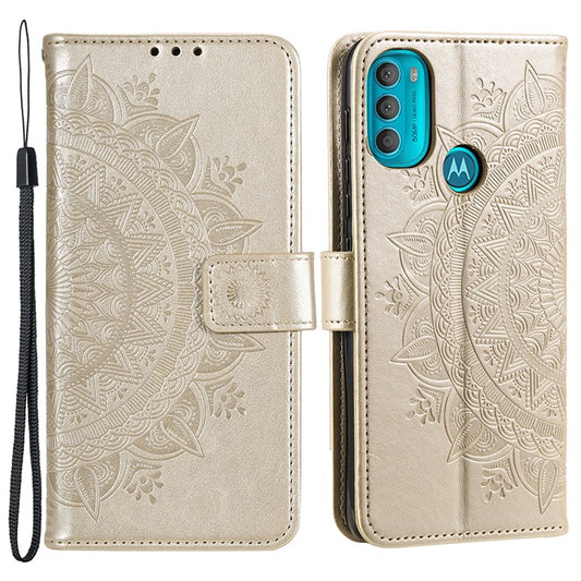 PU Leather + Soft TPU Case Imprinted Mandala Flower Stand Wallet Protective Cover for Motorola Moto G71 5G - Gold