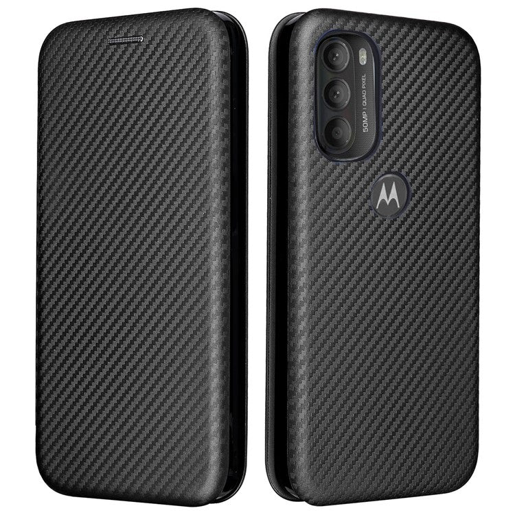 Carbon Fiber Texture Foldable Stand PU Leather Cover Folio Flip Phone Case with Card Slot for Motorola Moto G71 5G - Black
