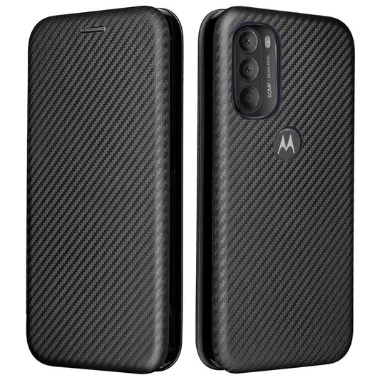 Carbon Fiber Texture Foldable Stand PU Leather Cover Folio Flip Phone Case with Card Slot for Motorola Moto G71 5G - Black
