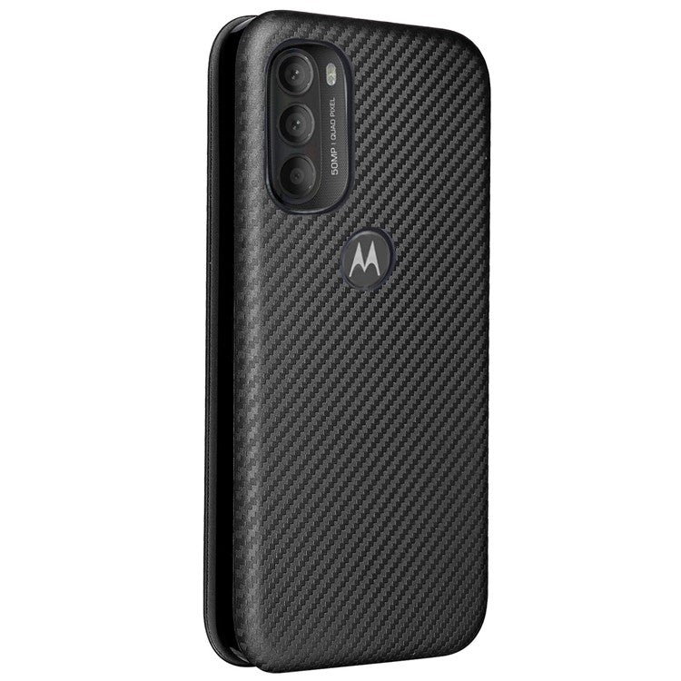 Carbon Fiber Texture Foldable Stand PU Leather Cover Folio Flip Phone Case with Card Slot for Motorola Moto G71 5G - Black
