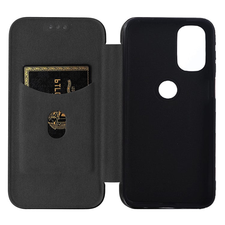 Carbon Fiber Texture Foldable Stand PU Leather Cover Folio Flip Phone Case with Card Slot for Motorola Moto G71 5G - Black