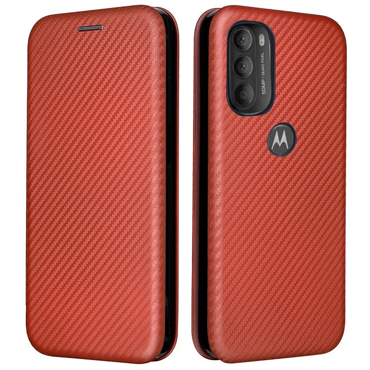 Carbon Fiber Texture Foldable Stand PU Leather Cover Folio Flip Phone Case with Card Slot for Motorola Moto G71 5G - Orange