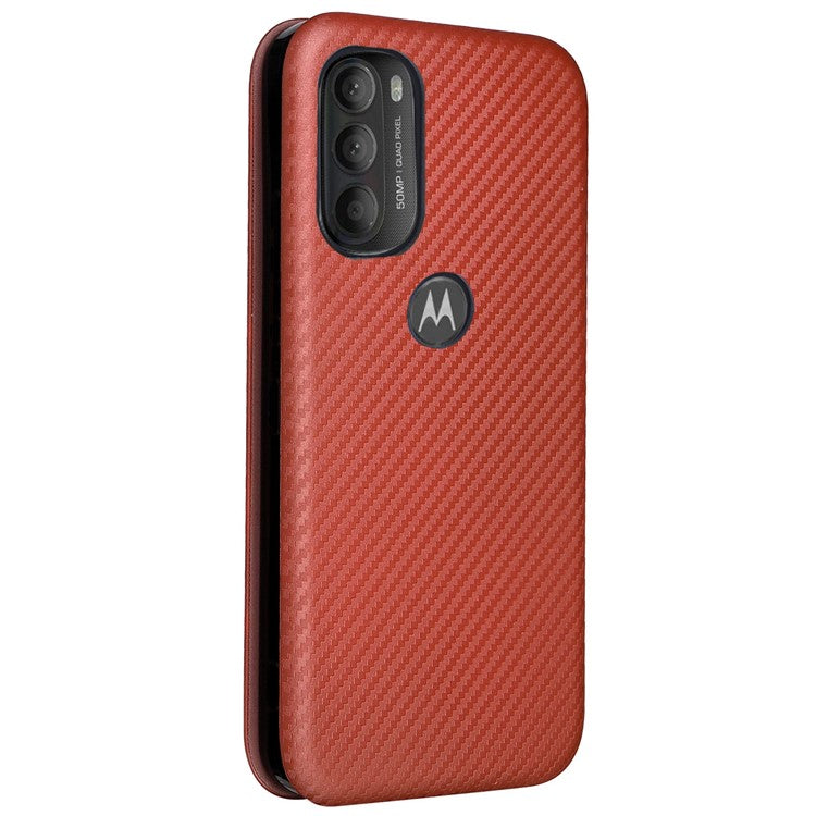 Carbon Fiber Texture Foldable Stand PU Leather Cover Folio Flip Phone Case with Card Slot for Motorola Moto G71 5G - Orange