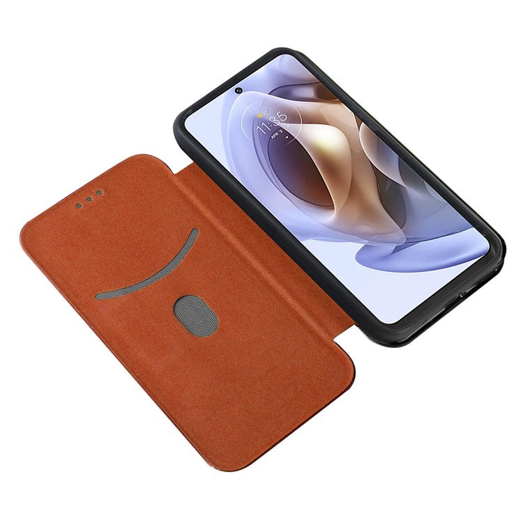 Carbon Fiber Texture Foldable Stand PU Leather Cover Folio Flip Phone Case with Card Slot for Motorola Moto G71 5G - Orange